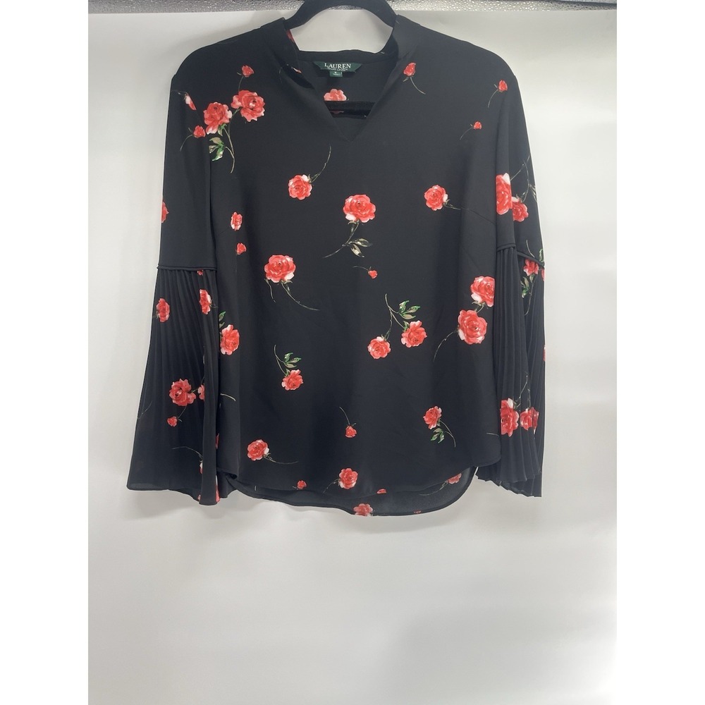 Lauren Ralph Lauren black blouse w/floral‎ print pleated bell sleeves Small